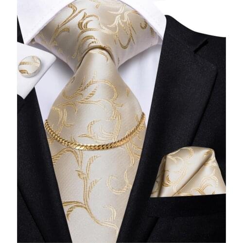 Hi-Tie 8.5cm Mens Tie Beige White Floral 100% Silk Handky Cufflinks Set NeckTie Ties For Men Luxury Wedding High Quality