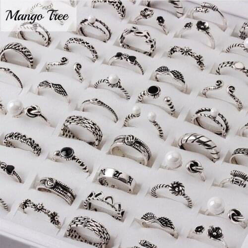Wholesale 50pcs/Lot Vintage Bohemian Ring DIY Combination Antique Silvery Tribe Carved Flower Pearl Crown Finger Rings For Women