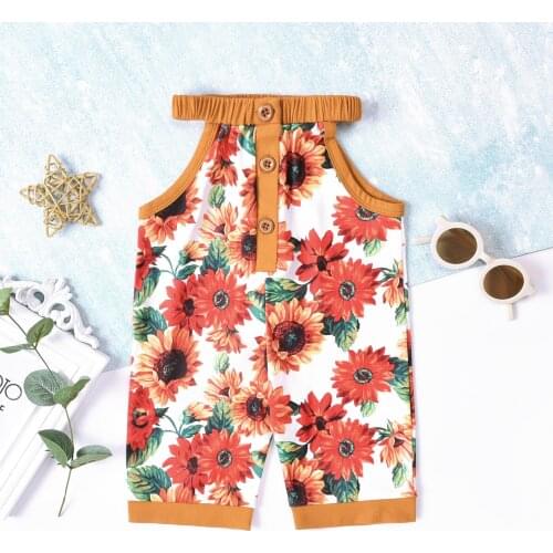 FOCUSNORM 0-12M Summer Infant Baby Girls Rompers Sunflowers Printed Sleeveless Halter Off Shoulder Jumpsuits