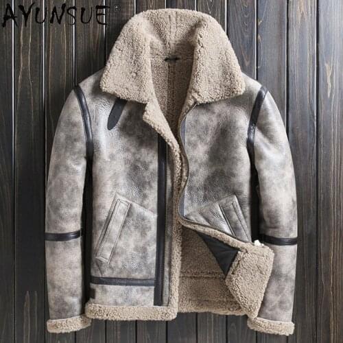 AYUNSUE 2020 Winter Jacket Men Clothing Motorcycle Jackets Genuine Sheepskin Leather Sheep Shearing Coat Veste Homme LXR1069