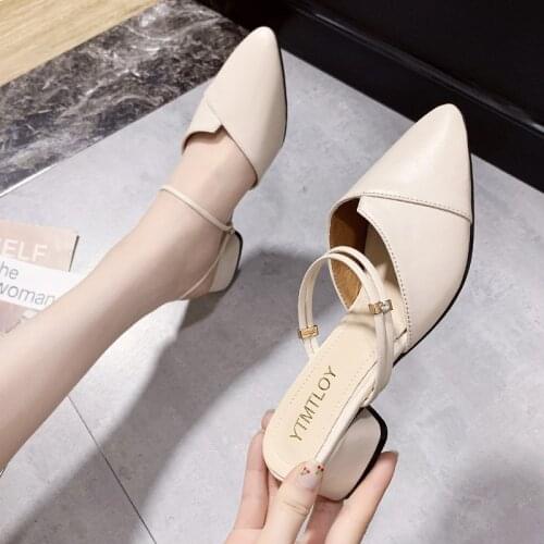 Comemore Leather High Heels Pumps Womens Shoes 2021 Summer Women Fashion Pointed Square Heel Sandals Woman Slip-On Casual Shoe