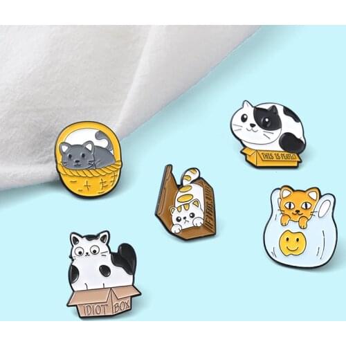 Cute Box Cat Enamel Pins For Women Custom Cartoon Basket Bags Smile Cat Brooches Anime Badge Lapel Backpacks Metal Jewelry Gifts