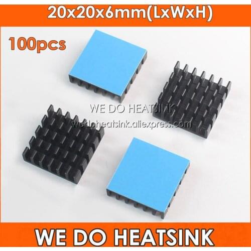 WE DO HEATSINK 100pcs 20x20x6mm Black Slotted Anodized Aluminum Heatsink Cooler With Therma Adhesive Transfer Pad Applied