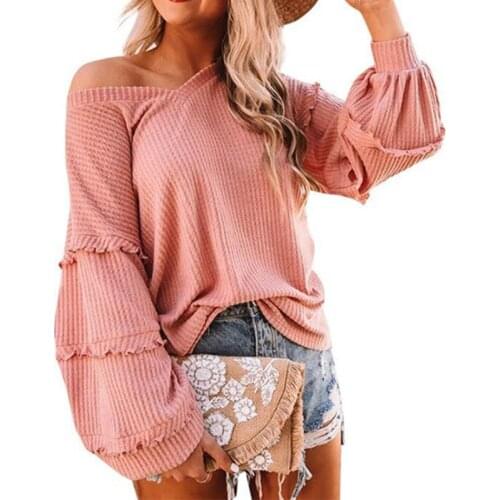 2021 New Autumn Winter T Shirt Women Casual V Neck Waffle Lantern Sleeve Ruffle Loose Tee Tops Fashion Female T-shirts