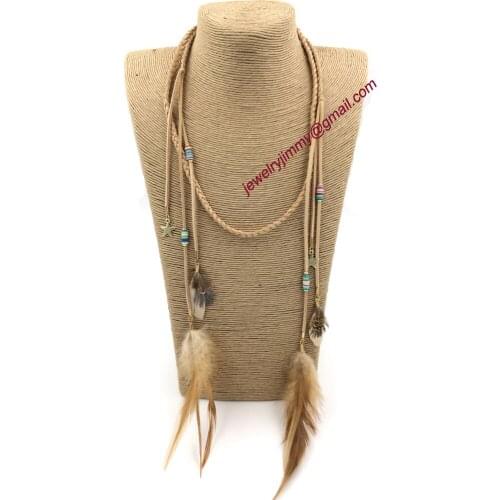 2015New personalized handmade jewelry supplier leather cord feather pendant long Necklaces for women Waist chain