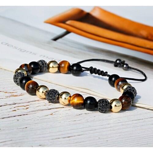 New Micro Pave CZ 8mm Disco Ball & Bar Charms Bracelets Homme Classic Tiger Eye Beads Stone Bracelet Men Jewelry bileklik