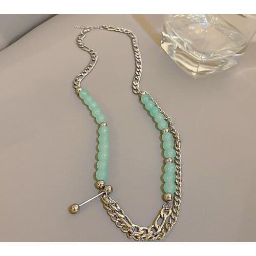 Origin Summer Trendy Mint Green Natural Stone Choker Necklaces for Women Multi Layered Hollow Link Chain Beaded Necklace Gifts