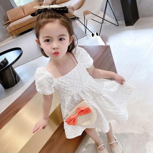 LISUNNY 2021 Summer Girls Dress Children Puff Sleeve Square Collar White Dress Princess Dress Kids Casual Vacation Dress