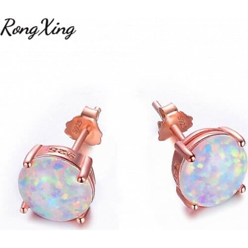 RongXing 6/8MM Round White Fire Opal Rose Gold Stud Earrings For Women Men White Gold Filled Birthstone Earring Jewelry