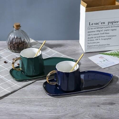 Creative Luxury Ceramic Coffee Mugs Cups with Plate and Spoon Green Blue Breakfast Cup Tea Mug