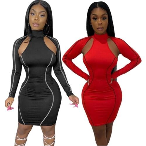 2021 Spring Black Red Silk Sexy Bodycon Dresses For Women Long Sleeve Turtleneck Patchwork Tight Night Club Dress