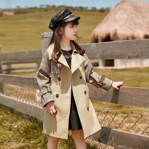 Girl plaid windbreaker British wind big child autumn outfit long fashion splicing coat