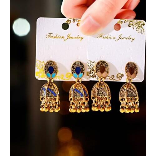 Vintage Bell-Shaped Hanging Colorful Boho Vintage Earrings Charm Ladies Oxidized Bell Alloy Earrings Birthday Gift