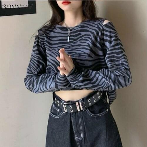 No Hat Hoodies Women Zebra O-neck Asymmetrical Hole Vintage Retro Short Tops Streetwear Cool Long Sleeve Loose Chic Ulzzang Ins