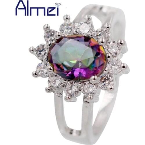 Almei Flower Multicolor Rainbow Crystal Women Rings Silver Color Costume Jewerly Zircon Ring With Large Blue Stones Bijoux Y050