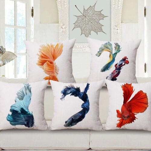 1 piece Fashion INK Painting goldfish Pattern Seat hug pillow cover Decorative Home Chair Throw Pillow Case Cotton Linen 45cm