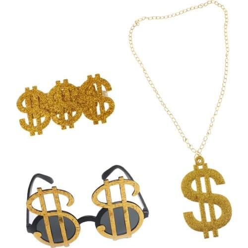 3x US Dollar Signs Glasses Ring Necklace Costume Big Daddy Pimp Fancy Dress