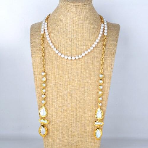 52'' White Keshi Pearl Gold Plated Chain Long Necklace For Women