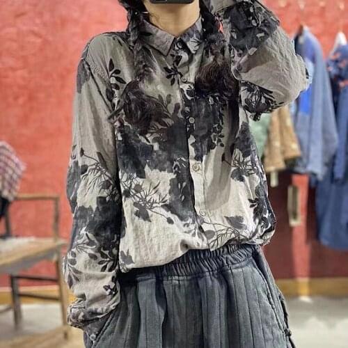 Women Loose Printed Cotton Linen Blouse Tops Ladies Vintage Print Shirt Female Vintage Blouse Spring Autumn