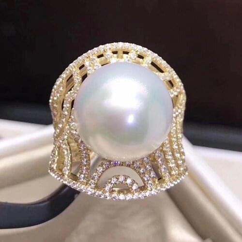 D404 Pearl Ring Fine Jewelry Solid 14K Gold Natural 12mm Round No Flaw Fresh Water White Pearls Rings for Women