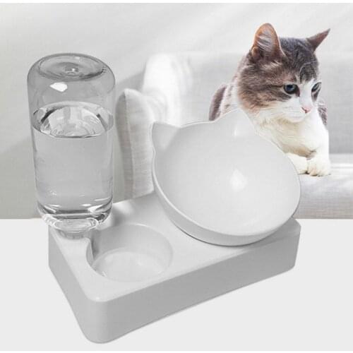 Double Dog Cat Bowls Pets Water and Food Bowl Set Tilted Cat Food Bowl With Automatic Waterer Bottle For Small Medium Size Dog