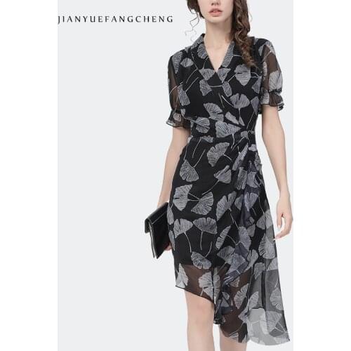 Elegant Summer Women Chiffon Dress Mid-Length Irregular Short Sleeve V-Neck High Waist A-Line Plus Size Maple Leaves Long Dress