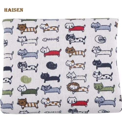 Haisen, 50x150cm,Cartoon cat Printed Cotton Linen Fabric For DIY Quilting & Sewing Home Decoration Curtain Table Cloth Material