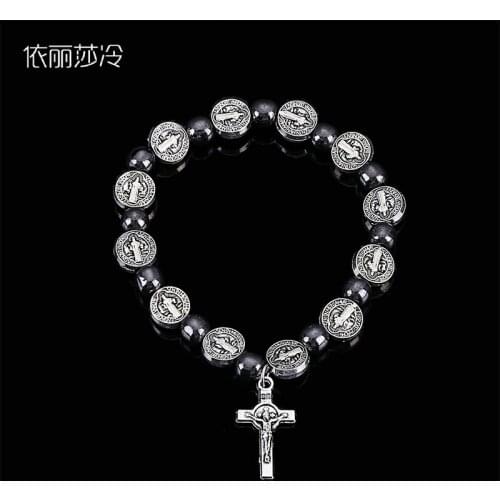 Classic Jesus Cross Rosary Bracelet, Hematite Bracelet, St. Benedict Beaded Prayer Bracelet, Sacred Mercy Bracelet