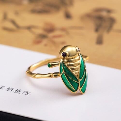 VLA 925 Silver Personalized Vivid Gold Cicada Ring Womens Lovely Sweet Insect Ring Opening Adjustable Size Fashion Jewelry
