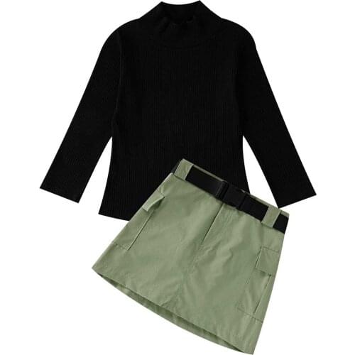 Kids Girls Clothing Set Fashion High Collar Long Sleeve Knitted Tops A-line Skirt With Sash Spring Autumn Baby Girl Clothes Suit