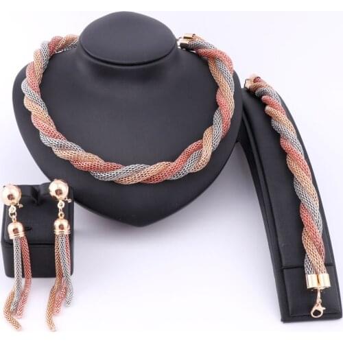 Women Gold Color 3 Colors Necklace Set Fine Jewelry Set Party Women African Beads Bridal Tassel Earring Bracelet Jewelry Set