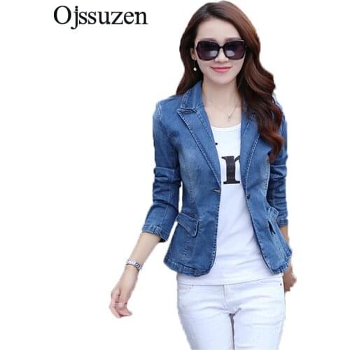 Autumn Plus Size Women Jeans Jacket Short Single Button Blue Jeans Jacket Ladies Long Sleeve Slim Spring Jacket Denim Womens