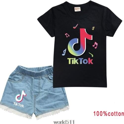 Fashion Tik Tok Summer childrens clothing pure cotton short-sleeved T-shirt + denim skirt girl suit birthday gift