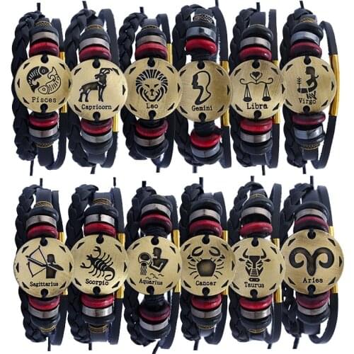 Fashion Punk Zodiac Sign Black Leather Bracelet Alloy 12 Constellation Aries Pisces Cancer Charm Bangle Wristband Unisex Jewelry