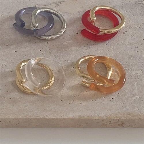 2 Pcs/Set Cross Colorful Colorful Transparent Acrylic Resin Geometric Gold Metal Rings Set for Women Girls Party Jewelry