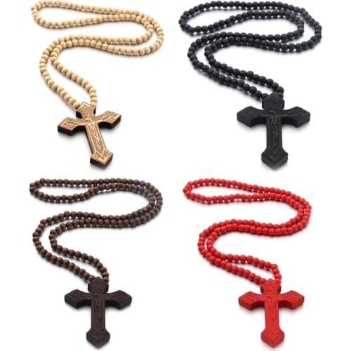 Large Wood Beads Religious Jesus Cross Necklace Christian Crucifix Pendent Necklace for Men Women Handmade Jewelry Gifts