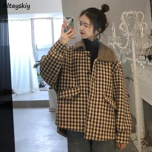 Vintage Parkas Women Thicker Warm Plaid Fashion Lady Clothing Coats Outwear Daily BF Single Breasted All-match Winter Basic New