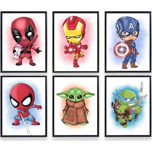 Marvel Avengers Cartoon Posters Superhero Spiderman Yoda Canvas Painting Prints Wall Print Canvas Picture Kids Room Decor Gift