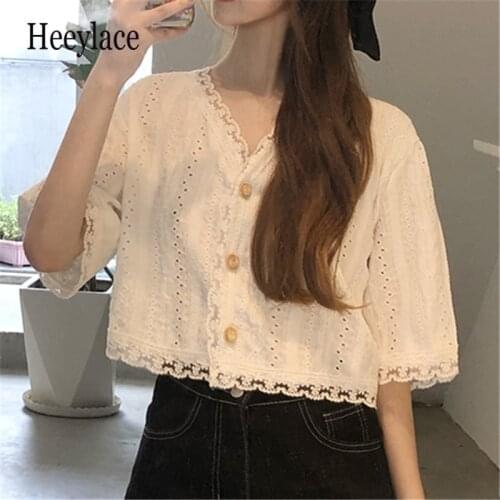 Shirts Women White Solid Korean Style Summer 2021 New Round Collar Short Sleeve Elegant Female Lace Blouses Tops