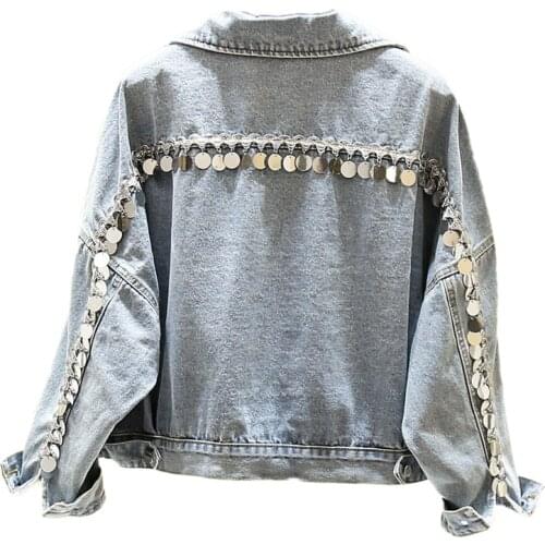 Women Jean Jacket New Sequined personality denim clothing 2020 Long Sleeve Pockets Denim Jackets Women Loose Outwear Female