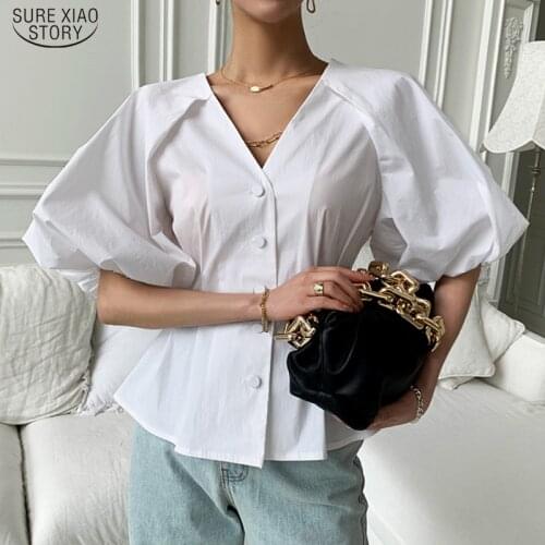 2021 Summer Gentle Slim White Blouse Vintage V-neck Lantern Sleeve Shirt Women Causal Single-Breasted Women Clothes Blusas 14813