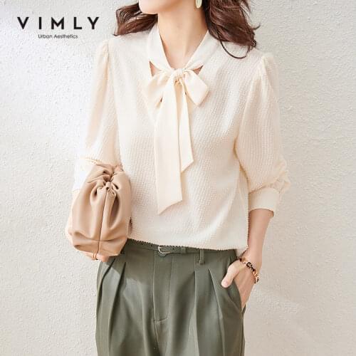 VIMLY Office Lady Shirts Elegant V Neck Bow Pullover Spring Full Sleeve Solid Chiffon Blouse Loose Clothing Female Tops F6536