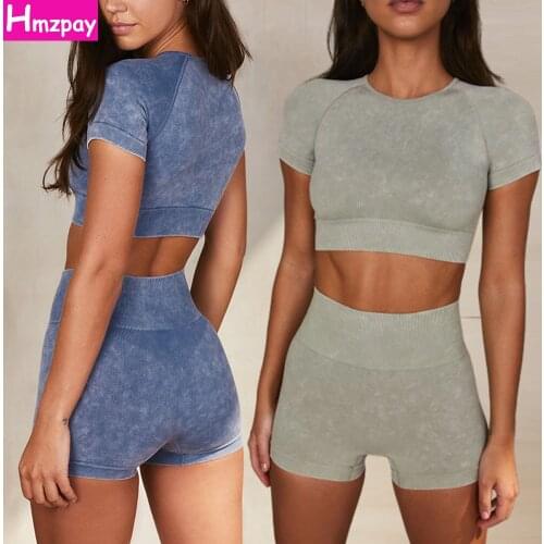 2-Piece Ladies Yoga Seamless Suit Fitness Sports Short-Sleeved Top T-Shirt High Waist Fitness Shorts Running Workout Sportswear