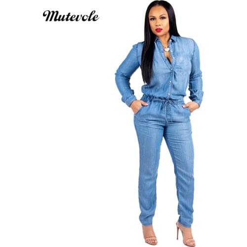Mutevole PLUS SIZE Denim Jumpsuit Women Long Sleeve Blue Jean Overalls Spring Autumn Bodycon Drawstring Casual Button Jumpsuit