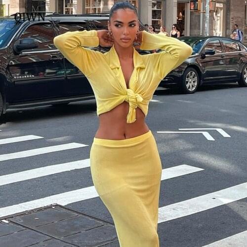 Fall Dress Sets 2 Piece Sets Womens Elegant Outfits Long Sleeve Wrap Top and Midi Skirts Club Party Matching Sets