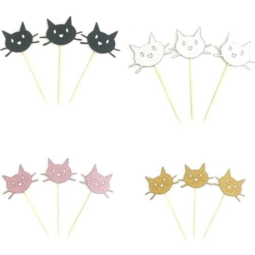 12Pcs Sliver Gold Pink Black Cat Cupcake Toppers Pick Top Flag Decoration for Boy Birthday Party Wedding Decor Supplies