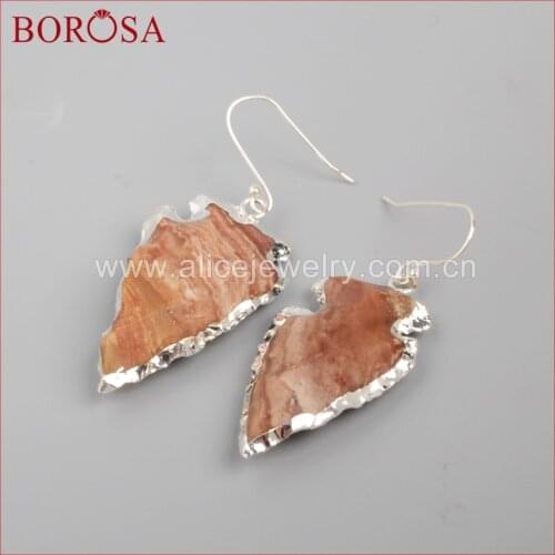 BOROSA Silver Color Arrowhead Shape Raw Natural Gems Hook Dangle Earrings Fashion Jewelry SS033