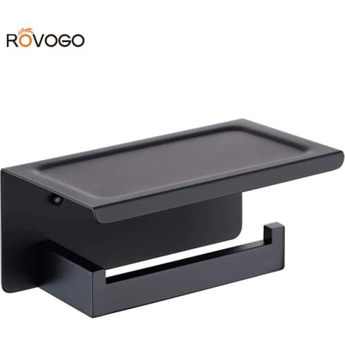 ROVOGO Toilet Paper Holder with Shelf, Stainless Steel Paper Roll Holder Wall Mounted, Bathroom Hardware Set (Matte Black)