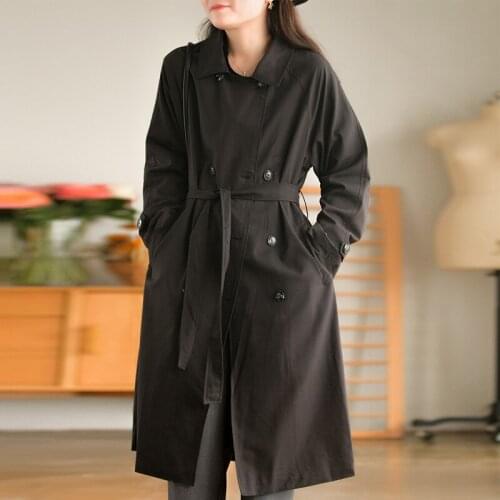 Elegant Autumn Women Belt Windbreaker Tencel Cotton Turn-down Collar Long Sleeve Casual Korean Style Trench Coats Black Khaki