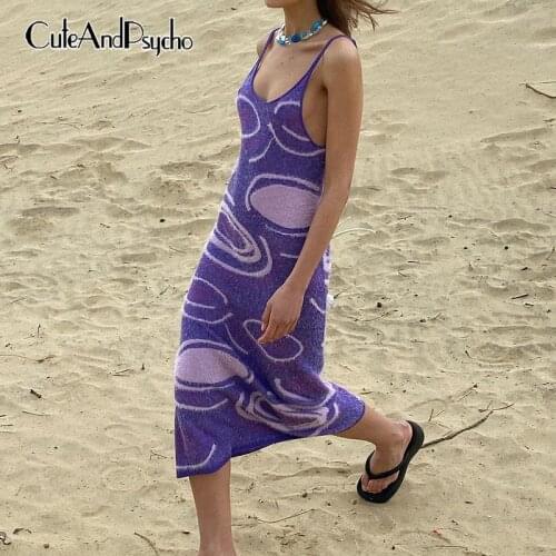 Elegant Vintage Y2K Knitted Maxi Dresses Party Summer Backless Hollow Out Beach Sundress Aesthetic Paisley Print Cuteandpsycho
